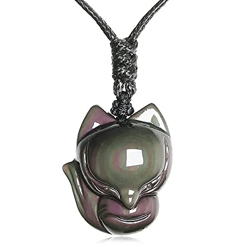 TIANHEY Schmuck Anhänger Fuchs mit Kette Halskette natürlichen Regenbogen Augen Obsidian Stein Amulett Halsband Glück Halskette Anhänger für Frauen/Männer von TIANHEY