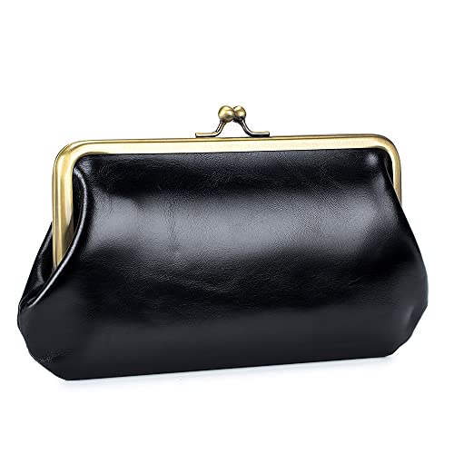 TIANHONGDAISHU Damen Geldbörse Münzbörse Echtleder Handytasche Damen Große Kapazität Lange Clutch Multifunktions-Handtasche Retro Kreative Aufbewahrung Clip Taschen, Schwarz , M, Modern von TIANHONGDAISHU