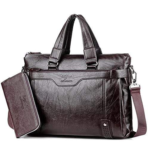 TIANHONGDAISHU Herren Echtleder Aktentaschen Herren Business Schultertaschen mit verstellbarem Schultergurt Herren Laptop Handtaschen Herren Business Messenger Bags, 6001-4+Wallet Braun, Large von TIANHONGDAISHU