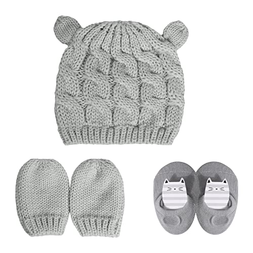 TIANNAIT 1 Strickmütze，Bringen Sie 1 Paar Fäustlinge und 1 Paar Socken mit，Wollmütze，Winterstrick-Wollmütze für Kinder，warme Wintermütze， Ohr gestrickte Mütze,0~2 Jahre alt,Unisex von TIANNAIT