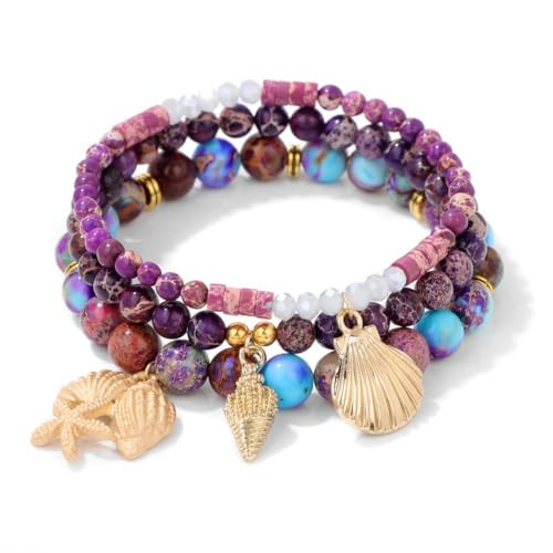 TIANXIAOQWE Sommer Strand Muschel Damen Armband Kiefer Stein Perlen Bohemian Stil Muschel Dreiteiliges Set Herren Damen Armbänder, Stein Holz, Kristall von TIANXIAOQWE