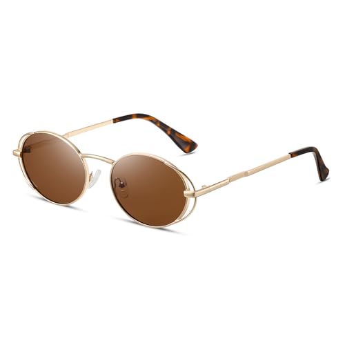 TIANYESY Retro Ovale Sonnenbrille für Frauen Vintage 90er Jahre Sonnenbrille Kleine Ovale Gläser Schmale Schatten UV400 (Gold Rahmen/Teelinse) von TIANYESY