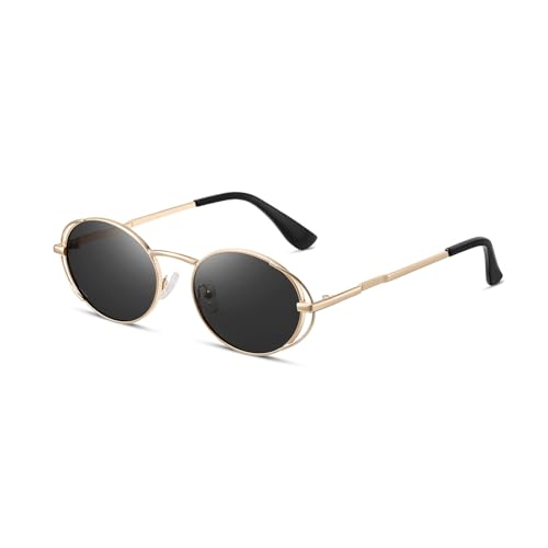 TIANYESY Retro Ovale Sonnenbrille für Frauen Vintage 90er Jahre Sonnenbrille Kleine Ovale Gläser Schmale Schatten UV400 (Goldrahmen/graue Linse) von TIANYESY