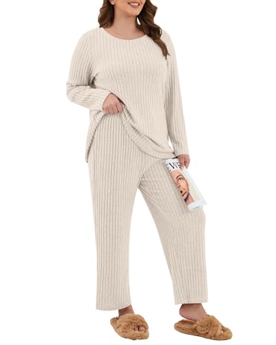 TIANZHU Bequeme Damen Schlafanzug Großgrößen Rippstrick Langarm Pyjama Weitschnitt Lounge Set Kuschelweich, Aprikose, EU 48 von TIANZHU