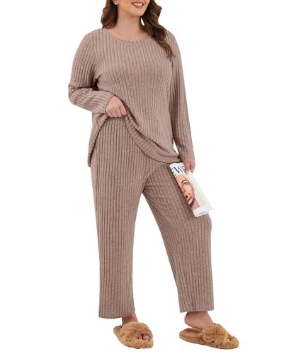 TIANZHU Bequeme Damen Schlafanzug Großgrößen Rippstrick Langarm Pyjama Weitschnitt Lounge Set Kuschelweich, Kaffee, EU 48 von TIANZHU