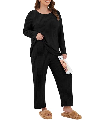 TIANZHU Bequeme Damen Schlafanzug Großgrößen Rippstrick Langarm Pyjama Weitschnitt Lounge Set Kuschelweich, Schwarz, EU 48 von TIANZHU