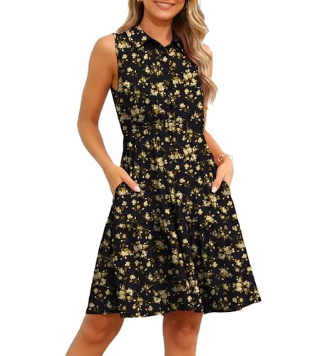 TIANZHU Damen Ärmelloses Sommerkleid Bedrucktes Freizeitkleid für Urlaub Party Größen, Schwarz Blumen, M von TIANZHU