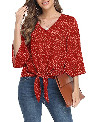 TIANZHU Damen Casual 3/4 Glockenärmel Krawattenknoten vorne V-Ausschnitt lose Tops Chiffonblusen Sommerhemd, Blumenrot, L von TIANZHU