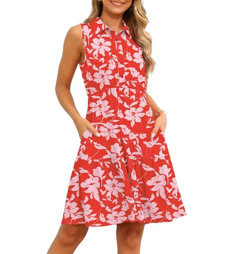 TIANZHU Damen Elegantes Sommerkleid Hemdblusenkleid Ärmellos für Freizeit Partys Größen, Rosenrot Blumen, XXL von TIANZHU