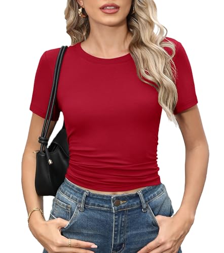 TIANZHU Damen Freizeit-Crop-Top mit Elastischen Seiten, Kurzarm Rundhals Geripptes T-Shirt für Alltag, Kastanienbraun, XXL von TIANZHU
