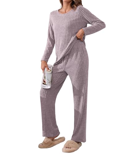 TIANZHU Damen Homewear Set Gemütliche Loungewear Schlafanzug für Frauen Gerippt Crewneck Lässige Freizeit Nachtwäsche 2 Stück Set, Helles Lila, XL von TIANZHU