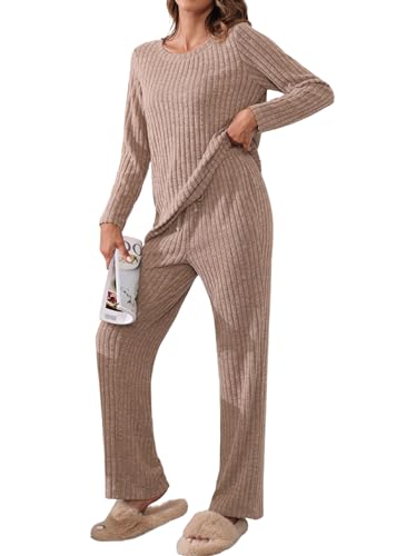 TIANZHU Damen Homewear Set Gemütliche Loungewear Schlafanzug für Frauen Gerippt Crewneck Lässige Freizeit Nachtwäsche 2 Stück Set, Kaffee, M von TIANZHU