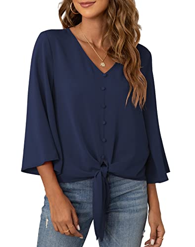 TIANZHU Damen Krawatte vorne lose Kurzarm V-Ausschnitt Blusen Chiffon Tops Sommerhemden, Dunkelblau, S von TIANZHU