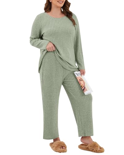 TIANZHU Damen Nachtwäsche Set Großgrößen UK Rippstrick Pyjama Langarm mit Weitbeinhose & Seitentaschen, Armee grün, EU 42-44 von TIANZHU