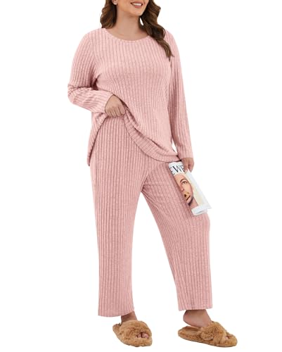 TIANZHU Damen Nachtwäsche Set Großgrößen UK Rippstrick Pyjama Langarm mit Weitbeinhose & Seitentaschen, Rosa, EU 42-44 von TIANZHU