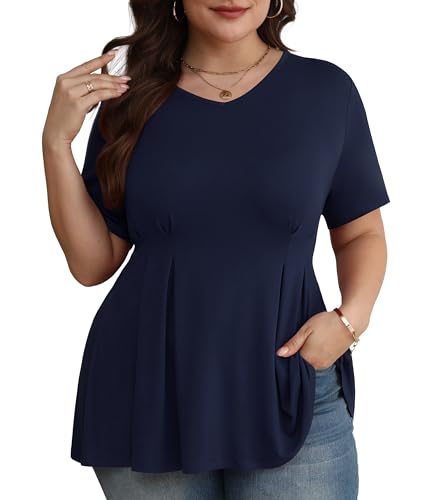 TIANZHU Damen Peplum-Top Kurzarm V-Ausschnitt Plus-Size Bluse für Arbeit und Freizeit, Dunkelblau, XXL von TIANZHU