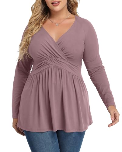 TIANZHU Damen Plus Size Casual Top Stilvolle Elegante V-Ausschnitt Empire-Taille Tunika Leichte Langarmbluse, Rosa Lila, XXL von TIANZHU
