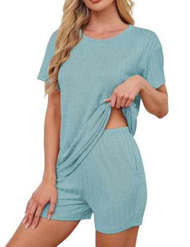 TIANZHU Damen Schlafanzug Set Bequeme Sommer Pyjamas mit Kurzarm und Lockerer Shorts, Hellblau, S von TIANZHU