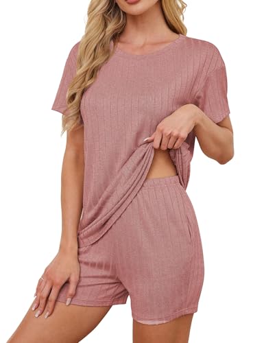 TIANZHU Damen Schlafanzug Set Bequeme Sommer Pyjamas mit Kurzarm und Lockerer Shorts, Hellpink, XL von TIANZHU