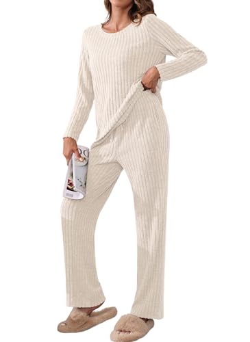 TIANZHU Damen Schlafanzug Set Nachtwäsche Loungewear Outfit Soft Ribbed Homewear Pyjama Set mit Wide Leg Trousers 2 Piece Set, Aprikose, L von TIANZHU