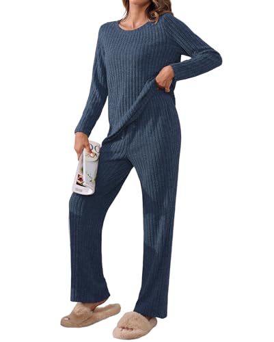 TIANZHU Damen Schlafanzug Set Nachtwäsche Loungewear Outfit Soft Ribbed Homewear Pyjama Set mit Wide Leg Trousers 2 Piece Set, Marineblau, XXL von TIANZHU