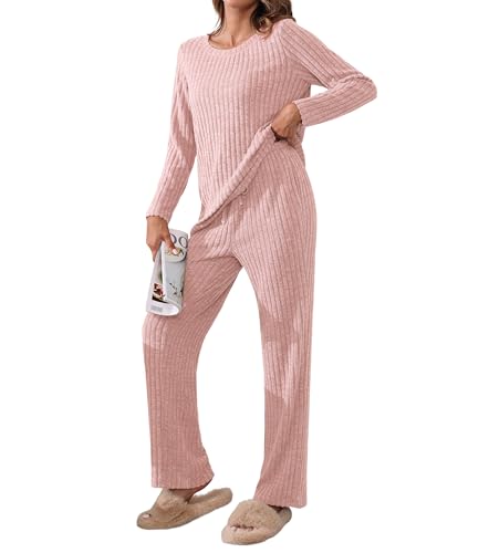 TIANZHU Damen Schlafanzug Set Nachtwäsche Loungewear Outfit Soft Ribbed Homewear Pyjama Set mit Wide Leg Trousers 2 Piece Set, Rosa, S von TIANZHU