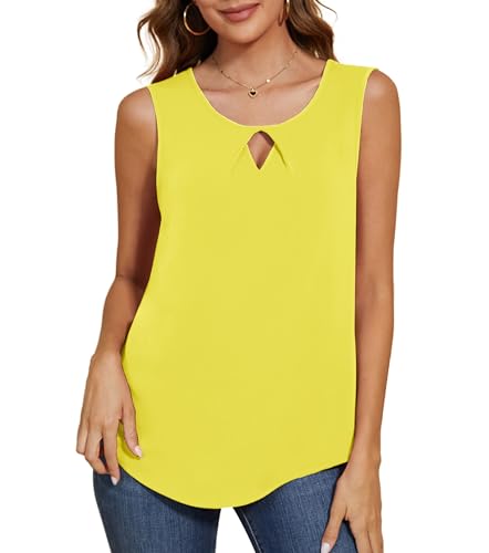 TIANZHU Damen Sommer Elegante Chiffon Tops Kerbe Rundhalsausschnitt ärmellose Bluse lässige Tanktops Büroarbeitshemden, Zartes Gelb, Size 34-36 von TIANZHU