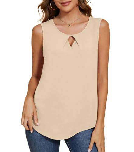 TIANZHU Damen Sommer Elegante Tops 2025 Beiläufige Lose Chiffon Blusen Ärmellose Tops Business Arbeitshemden, Khaki, Size 46-48 von TIANZHU