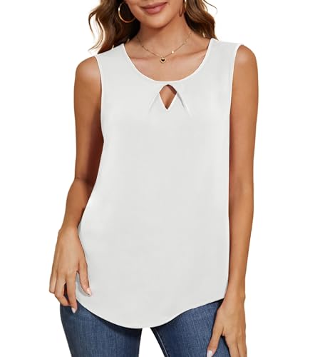 TIANZHU Damen Sommer Elegante Tops 2025 Beiläufige Lose Chiffon Blusen Ärmellose Tops Business Arbeitshemden, Weiß, Size 46-48 von TIANZHU