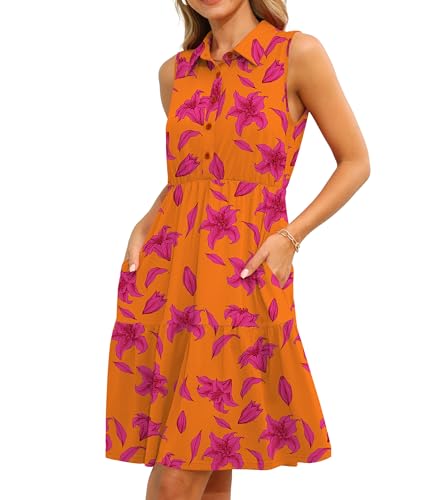 TIANZHU Damen Sommerkleid mit Blumenmuster Ärmelloses Freizeitkleid mit Taschen Festliches Partykleid, Orangenlilie, XL von TIANZHU