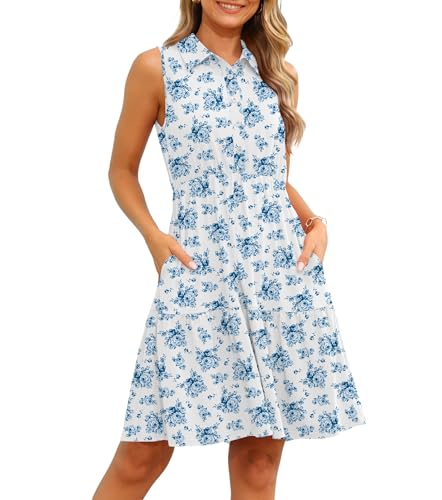 TIANZHU Damen Sommerkleid mit Blumenmuster Ärmelloses Freizeitkleid mit Taschen Festliches Partykleid, Weiß Blumen, XXL von TIANZHU