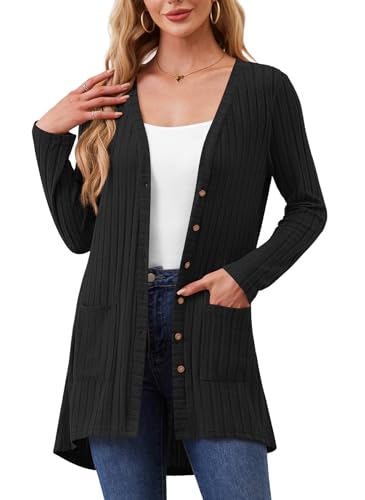 TIANZHU Damen Strickjacke Offene Front Weich mit Taschen Leichter Langarm Longline-Cardigan für Freizeit und Arbeit, Schwarz, L von TIANZHU