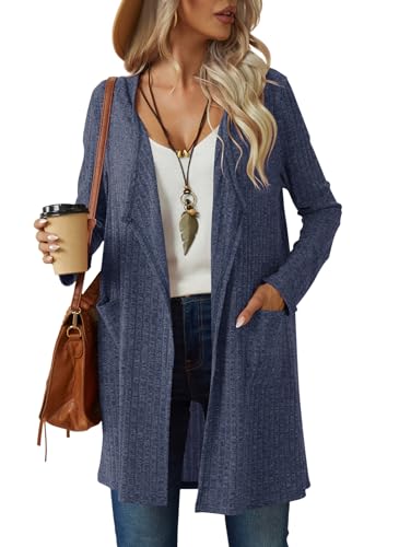 TIANZHU Damen Strickjacke leichtes Langarm-Wasserfall-Design mit Taschen für Freizeit-, Tages- und Arbeitskleidung, Dunkelblau, M von TIANZHU