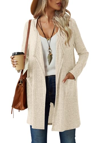 TIANZHU Damen Strickjacke leichtes Langarm-Wasserfall-Design mit Taschen für Freizeit-, Tages- und Arbeitskleidung, Leichte Aprikose, M von TIANZHU