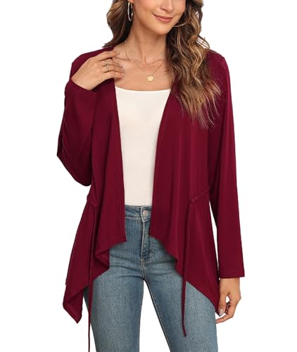 TIANZHU Damen Strickjacken Weich Bequem Langarm mit Drawstring Rüschen Saum V-Ausschnitt für Freizeit, Büro, Weinrot, S von TIANZHU
