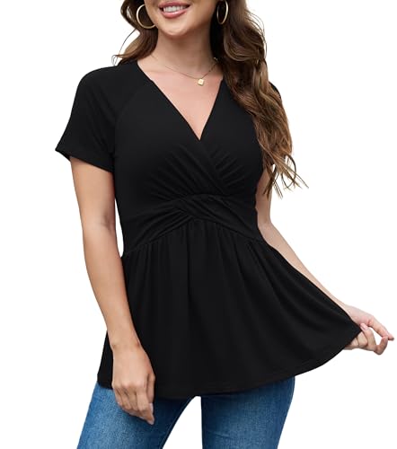 TIANZHU Damen Tunika Oberteile Kurzarm Peplum Bluse Weiche V-Ausschnitt T-Shirts für Alltag oder Büro, Schwarz, XL von TIANZHU