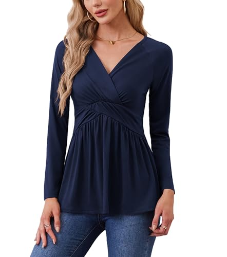 TIANZHU Damen Tunika Tops Stilvolle Langarm A-Linie Tunika V-Ausschnitt Empire Taille Leichte Flowy Beauty Shirt für die Arbeit, Dunkelblau, XXL von TIANZHU