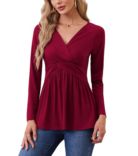 TIANZHU Damen Tunika Tops Stilvolle Langarm A-Linie Tunika V-Ausschnitt Empire Taille Leichte Flowy Beauty Shirt für die Arbeit, Weinrot, XXL von TIANZHU
