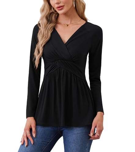 TIANZHU Damen V-Ausschnitt Langarm Tunika Tops Wrap Baby Doll Shirt Empire Taille Low Cut Flowy Saum Bluse für Causal, Schwarz, M von TIANZHU