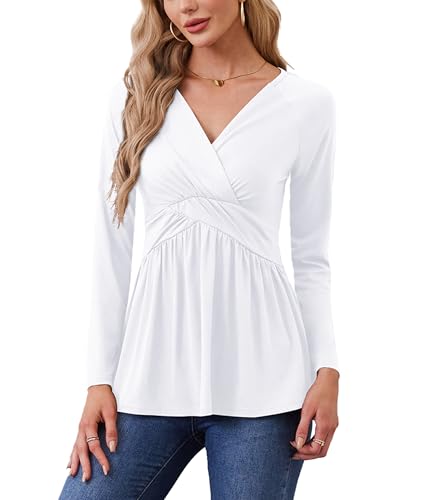 TIANZHU Damen V-Ausschnitt Langarm Tunika Tops Wrap Baby Doll Shirt Empire Taille Low Cut Flowy Saum Bluse für Causal, Weiß, S von TIANZHU