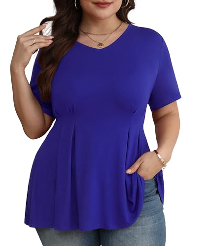 TIANZHU Damen V-Ausschnitt Peplum-Bluse Plus-Size Freizeit Kurzarm Shirt, Königsblau, XL von TIANZHU