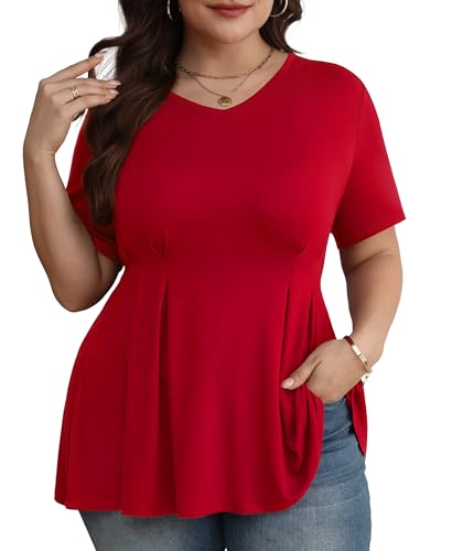 TIANZHU Damen V-Ausschnitt Peplum-Bluse Plus-Size Freizeit Kurzarm Shirt, Rot, XL von TIANZHU