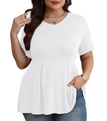 TIANZHU Damen V-Ausschnitt Peplum-Bluse Plus-Size Freizeit Kurzarm Shirt, Weiß, XXL von TIANZHU