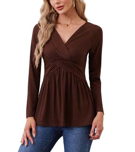 TIANZHU Damen Wrap Tunika Top Elegant V-Ausschnitt Langarm Shirt Empire Taille Flowy A-Linie Babydoll Style für Urlaub, Braun, L von TIANZHU