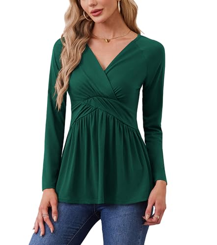 TIANZHU Damen Wrap Tunika Top Elegant V-Ausschnitt Langarm Shirt Empire Taille Flowy A-Linie Babydoll Style für Urlaub, Dunkelgrün, M von TIANZHU