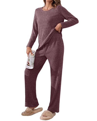 TIANZHU Langarm-Pyjamas für Frauen Gerippte Nachtwäsche Casual PJs Freizeit Set Soft Loose Fit Pyjamas Bequeme Nachtwäsche Set, Burgunderrot, XXL von TIANZHU