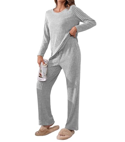 TIANZHU Langarm-Pyjamas für Frauen Gerippte Nachtwäsche Casual PJs Freizeit Set Soft Loose Fit Pyjamas Bequeme Nachtwäsche Set, Hellgrau, XXL von TIANZHU