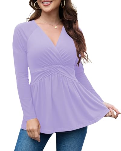 TIANZHU Oberteile für Frauen Empire Taille Wrap Baby Doll Tunika Top Langarm Low Cut Shirt V Hals Flowy Bluse, Helles Lila, L von TIANZHU