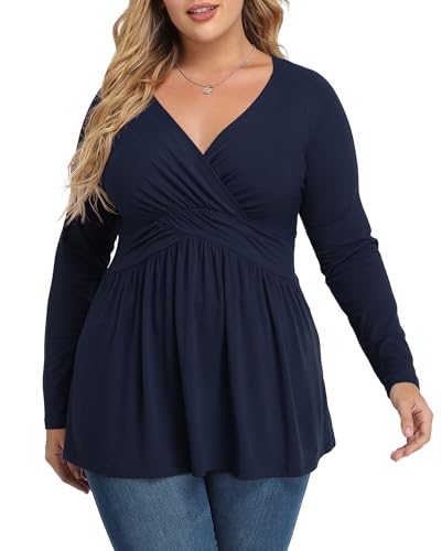 TIANZHU Plus Größe Schwarz Tops für Frauen Wrap Baby Puppe Hemd Langarm Winter Tunika Top Dressy V-Ausschnitt Bluse Empire Taille Low Cut Fließende Schößchen Kleidung, Dunkelblau, 3XL von TIANZHU