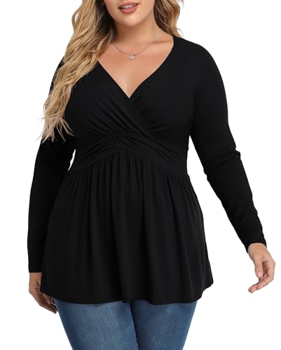TIANZHU Plus Größe Schwarz Tops für Frauen Wrap Baby Puppe Hemd Langarm Winter Tunika Top Dressy V-Ausschnitt Bluse Empire Taille Low Cut Fließende Schößchen Kleidung, Schwarz, 3XL von TIANZHU
